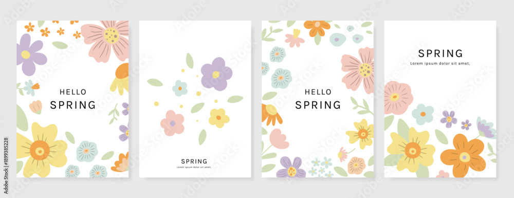 Naklejka premium Spring Floral invitation card background vector. Minimal hand drawn botanical flowers template background. Design illustration for wedding, vip cover, poster, rsvp modern card, birthday party.