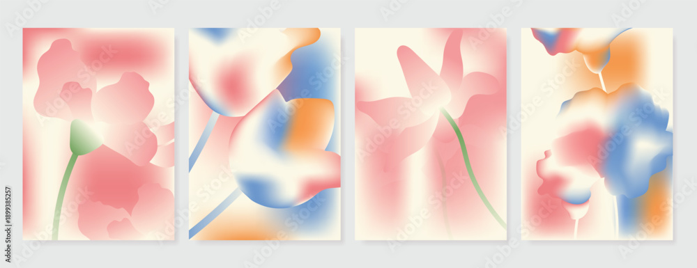 Fototapeta premium Modern gradient poster background vector set. Minimalist poster summer and spring cover template with green geometric, heart, flower, butterfly. Ideal design for social media, banner, card, ads.