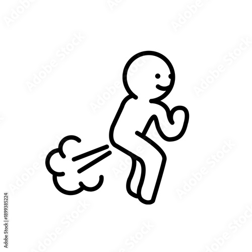 Funny stick figure character farting with smoke trail icon.