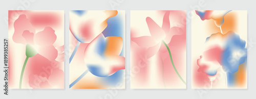 Modern gradient poster background vector set. Minimalist poster summer and spring cover template with green geometric, heart, flower, butterfly. Ideal design for social media, banner, card, ads.