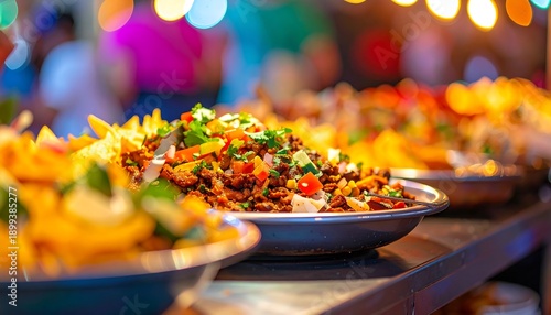 Delicious Street Food Platter with Colorful Toppings at Night Market.