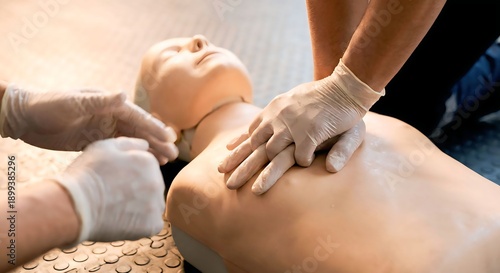 CPR training on rescue manikin in warm indoor light