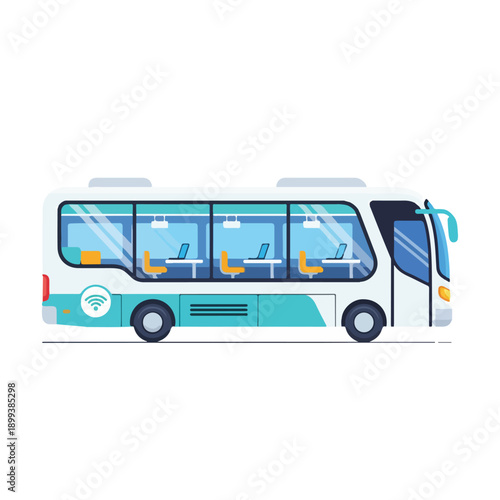 Public transportation bus with empty seats on a white background