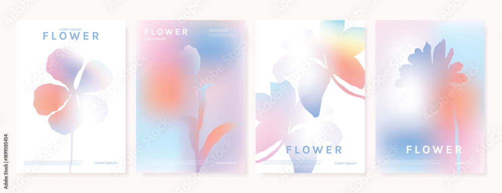 Fototapeta premium Modern gradient poster background vector set. Minimalist poster summer and spring cover template with green geometric, heart, flower, butterfly. Ideal design for social media, banner, card, ads.