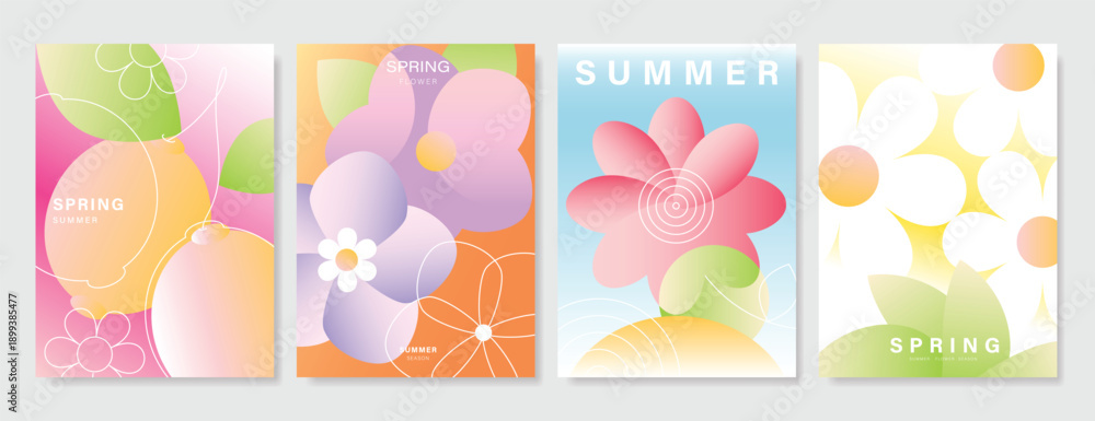 Fototapeta premium Modern gradient poster background vector set. Minimalist poster summer and spring cover template with green geometric, heart, flower, butterfly. Ideal design for social media, banner, card, ads.