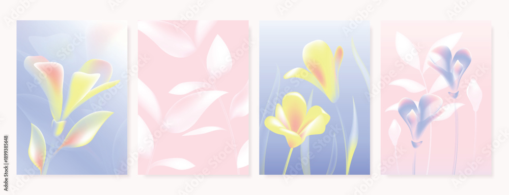 Fototapeta premium Modern gradient poster background vector set. Minimalist poster summer and spring cover template with green geometric, heart, flower, butterfly. Ideal design for social media, banner, card, ads.