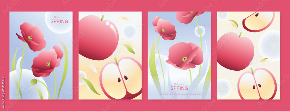 Fototapeta premium Modern gradient poster background vector set. Minimalist poster summer and spring cover template with green geometric, heart, flower, butterfly. Ideal design for social media, banner, card, ads.