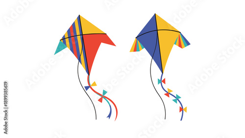 Two vibrant, triangular kites with long, colorful tails flying gracefully in the sky, perfect for outdoor activities and summer fun.