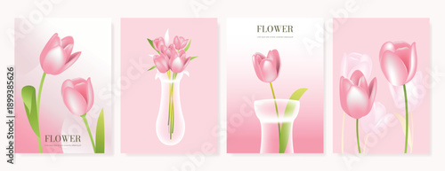 Modern gradient poster background vector set. Minimalist poster summer and spring cover template with green geometric, heart, flower, butterfly. Ideal design for social media, banner, card, ads.