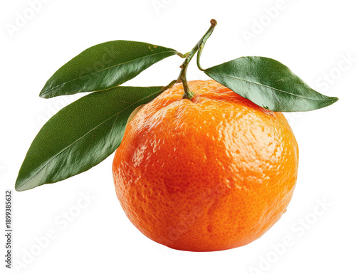 Close-up of a single, ripe mandarin orange with leaves