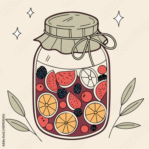 Jam Jar with Fresh Fruit Inside, Homemade Sweet Treat Illustration