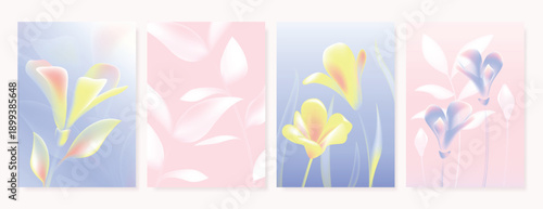 Modern gradient poster background vector set. Minimalist poster summer and spring cover template with green geometric, heart, flower, butterfly. Ideal design for social media, banner, card, ads.