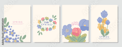 Spring Floral invitation card background vector. Minimal hand drawn botanical flowers template background. Design illustration for wedding, vip cover, poster, rsvp modern card, birthday party.