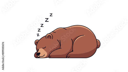 Adorable cartoon brown bear comfortably sleeping with "Zzz" thought bubbles, representing a peaceful and deep slumber in its natural habitat.