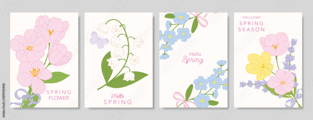 Fototapeta premium Spring Floral invitation card background vector. Minimal hand drawn botanical flowers template background. Design illustration for wedding, vip cover, poster, rsvp modern card, birthday party.