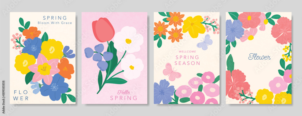 Fototapeta premium Spring Floral invitation card background vector. Minimal hand drawn botanical flowers template background. Design illustration for wedding, vip cover, poster, rsvp modern card, birthday party.