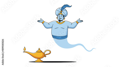 Magical cartoon genie emerging gracefully from a golden magic lamp, with outstretched arms, ready to grant wishes and perform wonders.