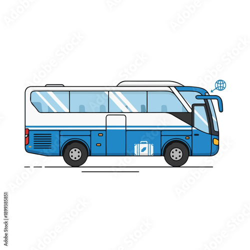 Blue and white city bus with speech bubble driving on road