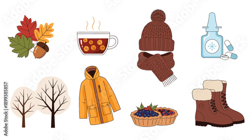 Diverse set of cozy autumn and winter-themed elements, including colorful leaves, warm beverages, winter apparel, and seasonal treats and remedies.