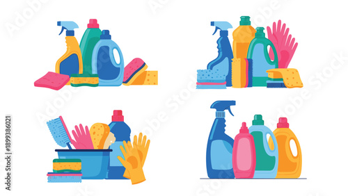Multiple vibrant compositions of various cleaning supplies, including bottles, brushes, sponges, and gloves, illustrating essential tools for home cleanliness.