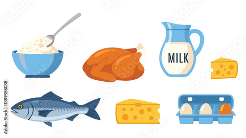 Essential group of protein and dairy-rich food items, including chicken, fish, milk, cheese, eggs, and rice, for a balanced and nutritious diet.