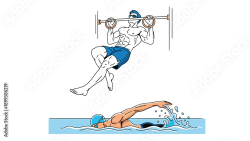 Dynamic illustrations of athletes engaged in intense physical activities, including a man performing gymnastics rings pull-ups and a swimmer in motion.