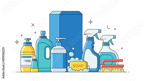 Stylish and organized arrangement of various cleaning supplies, including spray bottles, liquid detergents, soap bar, and brushes, promoting domestic cleanliness.
