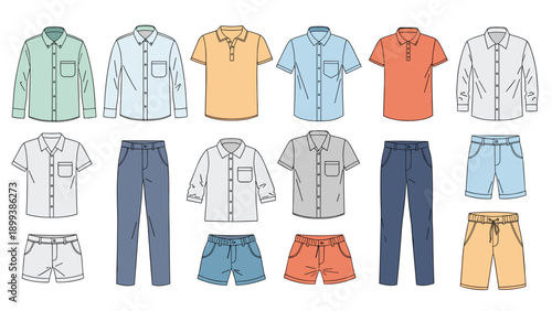 Comprehensive collection of men's casual apparel, featuring diverse shirts, trousers, and shorts in various colors and styles for everyday wear.