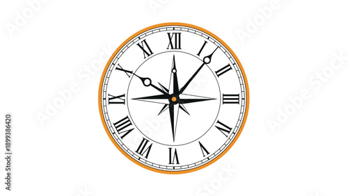 Elegant clock face with Roman numerals and a central compass star, representing time, direction, navigation, and classic design aesthetics.