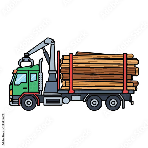 Green truck transporting logs on flatbed with crane