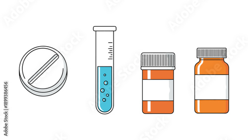 Essential collection of medical and pharmaceutical items, including a tablet, test tube with liquid, and prescription pill bottles, symbolizing healthcare and medicine.