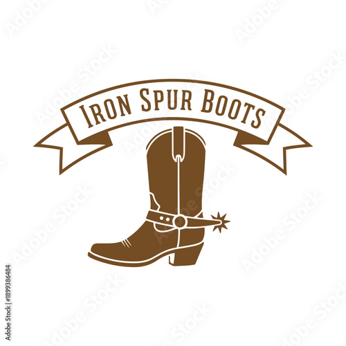 Cowboy Boot Iron Spur Logo Design with Ribbon Banner