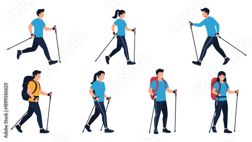 Diverse group of people engaged in outdoor activities, showcasing Nordic walking and hiking with poles, promoting fitness, nature, and adventure.