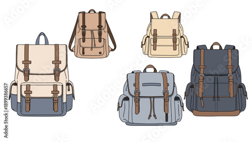 Comprehensive collection of various stylish backpacks, featuring different designs, colors, and materials, suitable for travel, school, or daily use.