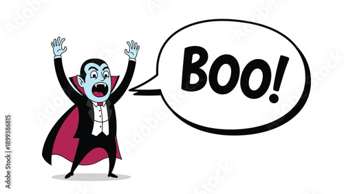 Exaggerated cartoon vampire in classic attire, yelling "Boo!" from a speech bubble, perfect for Halloween, spooky themes, and playful scares.