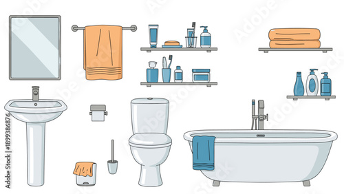 Complete set of modern bathroom fixtures and accessories, including a sink, toilet, bathtub, mirror, and toiletries, for a functional and stylish space.