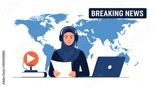 Professional female news anchor wearing a hijab and headphones, reporting breaking news in front of a world map, symbolizing global communication and journalism.