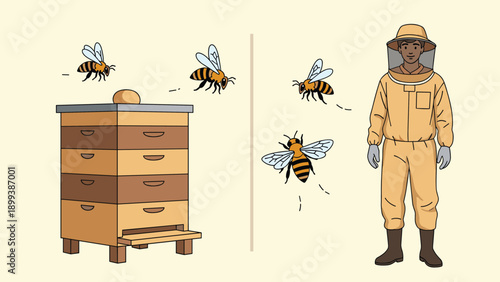 Dedicated beekeeper in a full protective suit standing by a wooden beehive with flying bees, illustrating apiculture and honey production.