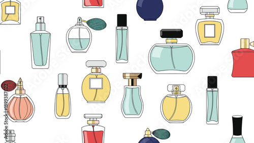 Seamless pattern featuring an elegant assortment of perfume bottles in diverse shapes and colors, perfect for beauty, fragrance, and luxury branding.