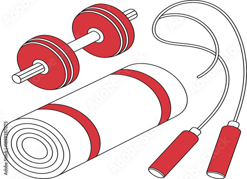 Hand drawn home fitness equipment vector set, red dumbbell, yoga mat and jump rope workout gear