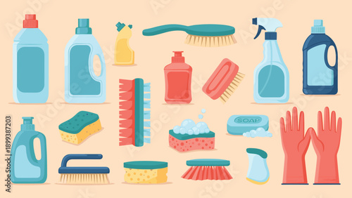 Comprehensive collection of diverse cleaning supplies, including various bottles, brushes, sponges, and gloves, neatly arranged for effective household chores.