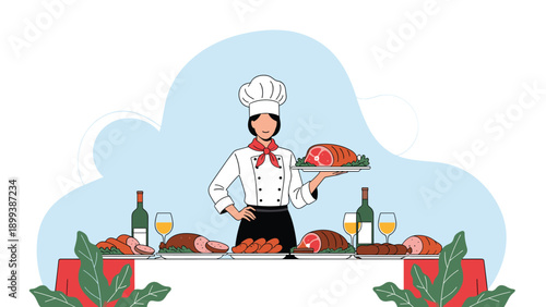 Professional female chef proudly presenting a platter of roasted meat at an elaborate buffet table laden with gourmet dishes and wine.