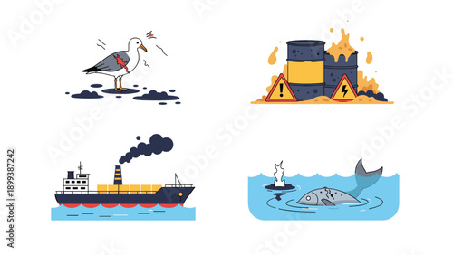 Serious illustrations depicting various forms of environmental pollution, including oil spills, toxic waste barrels, ship exhaust, and dead fish, highlighting ecological damage.