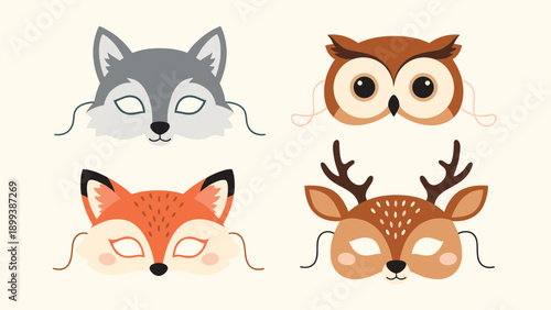Adorable collection of cartoon animal masks, featuring a wolf, owl, fox, and deer, perfect for costume parties, children's events, and imaginative play.