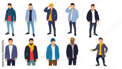 Diverse collection of male figures dressed in various stylish casual jackets and winter attire, showcasing modern fashion trends for men.