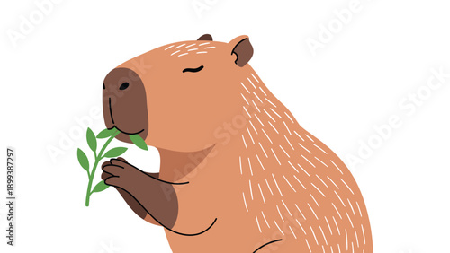Adorable cartoon capybara happily munching on a fresh green leaf, illustrating its gentle nature and natural foraging behavior in a cute style.