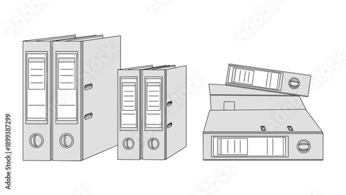 Organized collection of grey office binders in different sizes and arrangements, representing efficient document storage, organization, and administrative tasks.