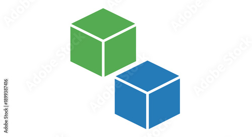 Two isometric cubes one green and one blue are digitally displayed