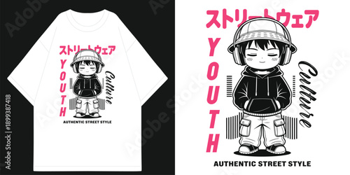 youth culture japanese streetwear anime character t shirt design with bucket hat headphones black hoodie authentic street style t shirt design vector illustration artwork
