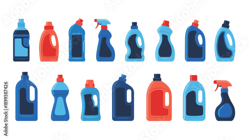 Extensive collection of diverse cleaning product bottles in various shapes, sizes, and colors, representing detergents and household cleaners for sanitation.